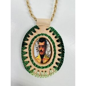 Jesus Malverde Leather Scapular Necklace Cream Green Rope Rosary NEW Sinaloa